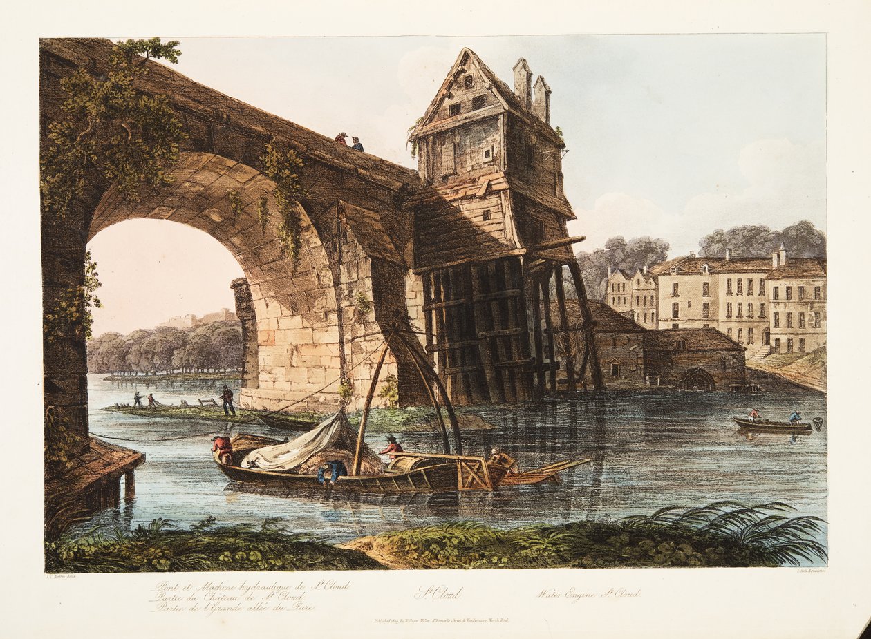 St Cloud, vodní stroj, ilustrace z Versailles, Paříž a Saint Denis, hospoda. 1809 (akvatinta) od John Claude Nattes