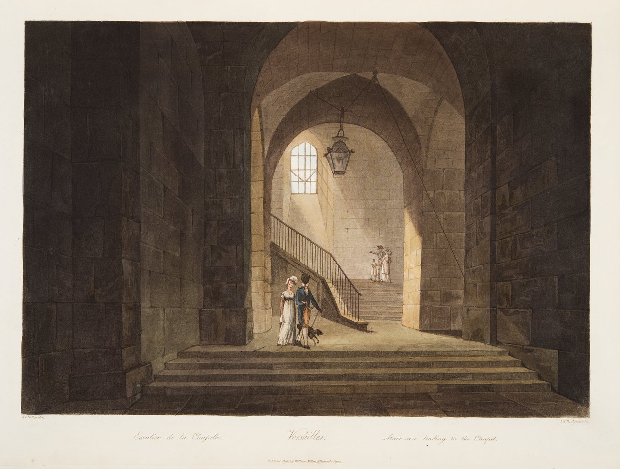 Schodiště vedoucí do kaple, ilustrace z Versailles, Paříže a Saint Denis, hospoda. 1806 (akvatinta) od John Claude Nattes