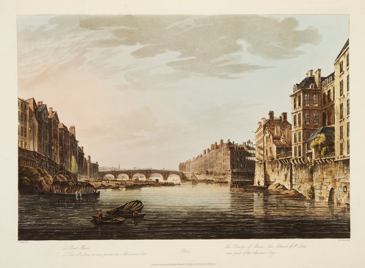 Most Marie, Ostrov St Louis a část starověkého města, ilustrace z Versailles, Paříž a Saint Denis, hospoda. 1807 (akvatinta) od John Claude Nattes