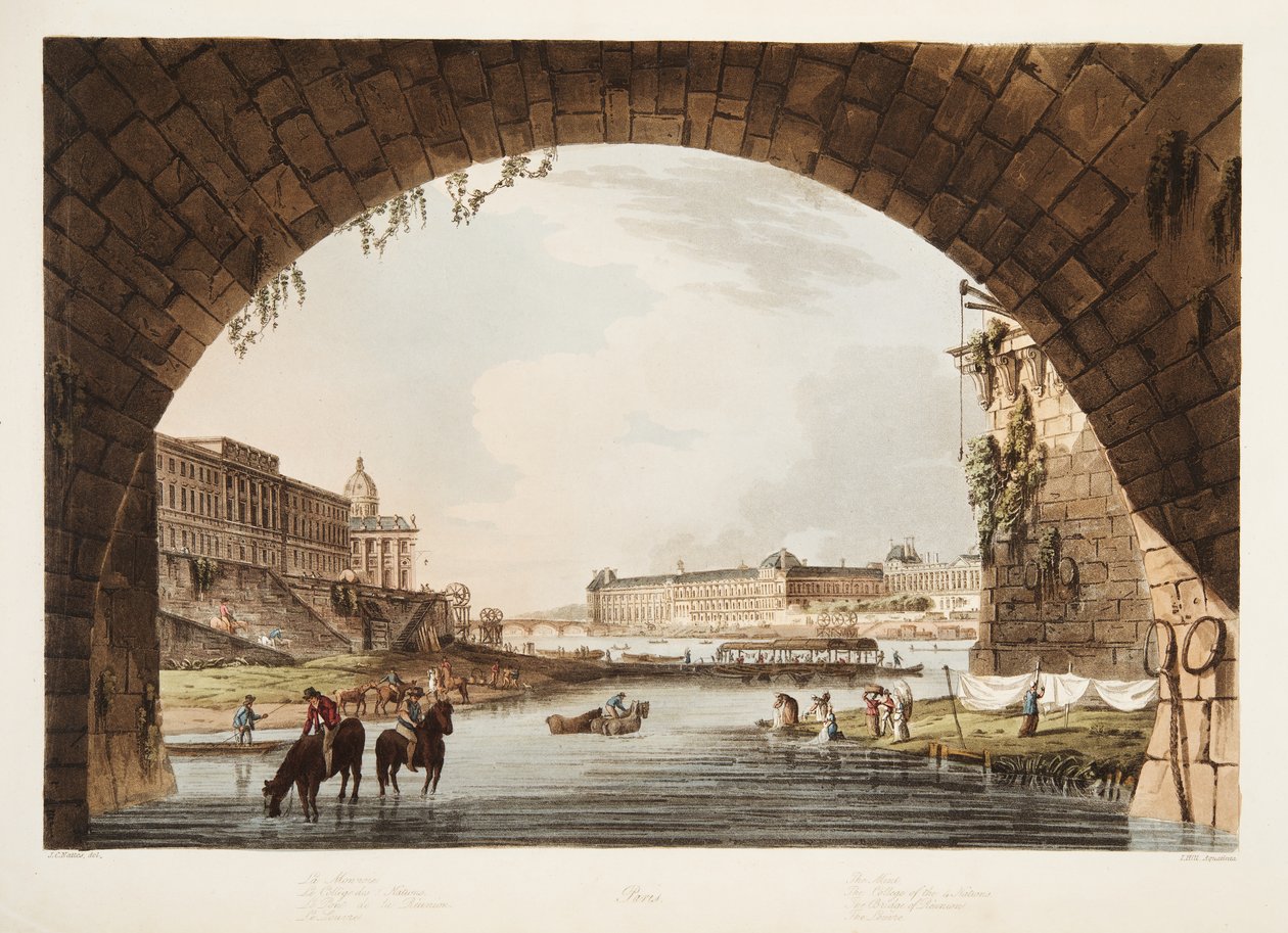 Louvre; Mincovna; College of the 4 Nations; The Bridge of Reunion, ilustrace z Versailles, Paříž a Saint Denis, hospoda. 1805 (akvatinta) od John Claude Nattes