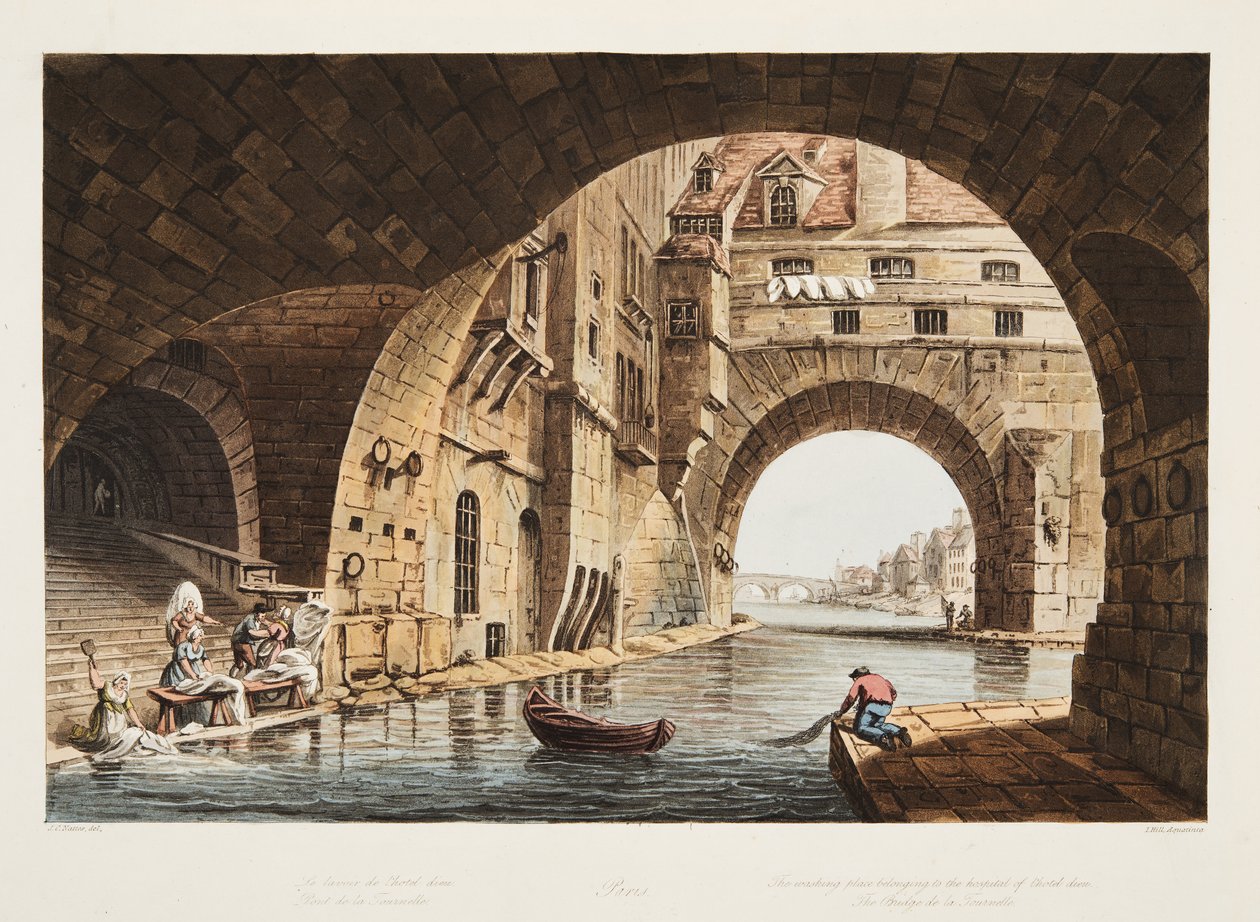 Washing Place patřící k nemocnici Hotel-Dieu a Bridge de la Tournelle, ilustrace z Versailles, Paříž a Saint Denis, hospoda. 1805 (akvatinta) od John Claude Nattes