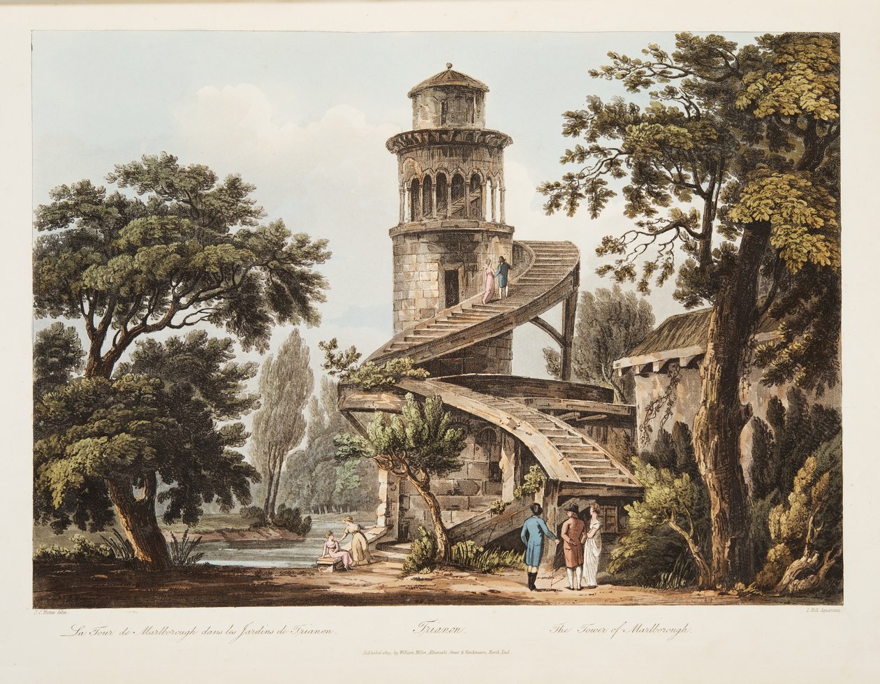 Trianon, The Tower of Marlborough, ilustrace z Versailles, Paříž a Saint Denis, hospoda. 1809 (akvatinta) od John Claude Nattes