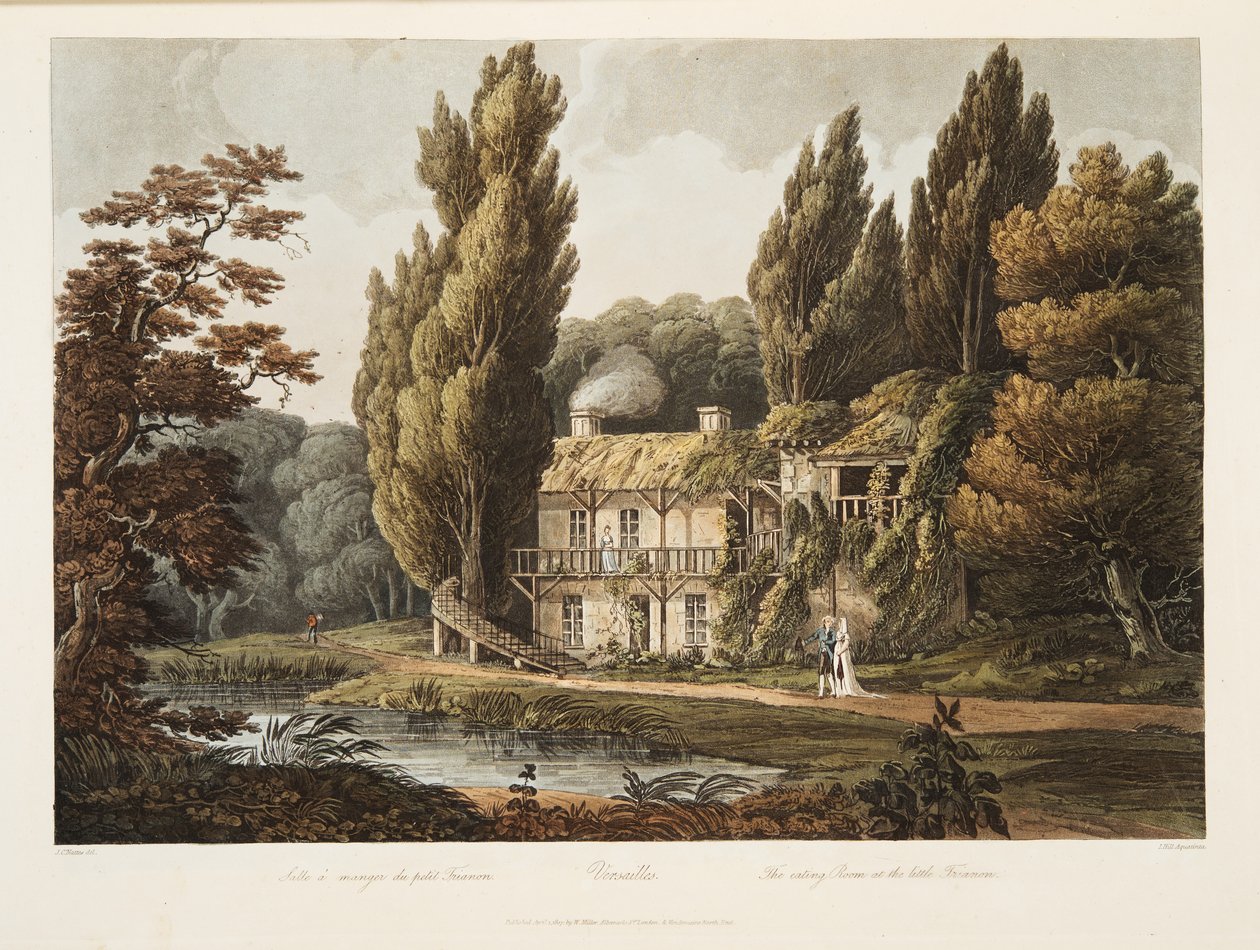 Versailles, Jídelna v Malém Trianonu, ilustrace z Versailles, Paříž a Saint Denis, hospoda. 1805 (akvatinta) od John Claude Nattes