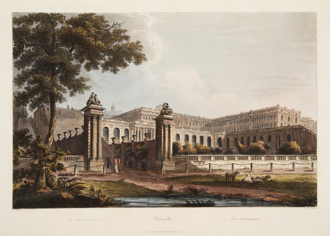 Versailles z The Orangerie, ilustrace z Versailles, Paříž a Saint Denis, hospoda. 1805 (akvatinta) od John Claude Nattes