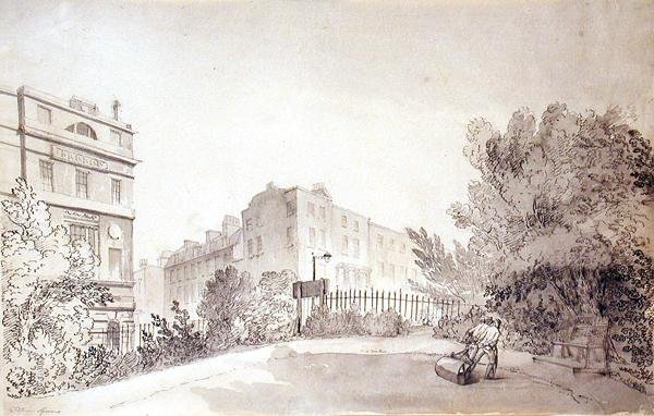 Pohled na náměstí Fitzroy se dvěma figurami táhnoucími zahradní válec, cca 1808 (inkoust a mytí na papíře) od John Claude Nattes
