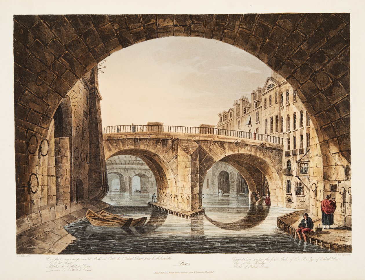 Pohled zpod prvního oblouku mostu hotelu Dieu, Malý most, část hotelu Dieu, ilustrace z Versailles, Paříž a Saint Denis, hospoda. 1809 (akvatinta) od John Claude Nattes