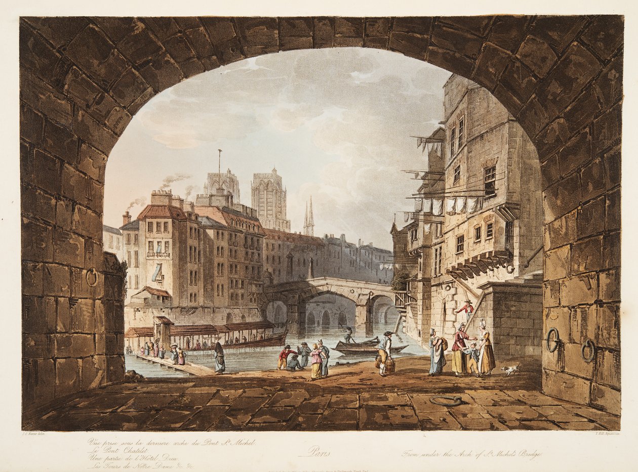 Zpod oblouku St Michels Bridge, ilustrace z Versailles, Paříž a Saint Denis, hospoda. 1805 (akvatinta) od John Claude after Nattes