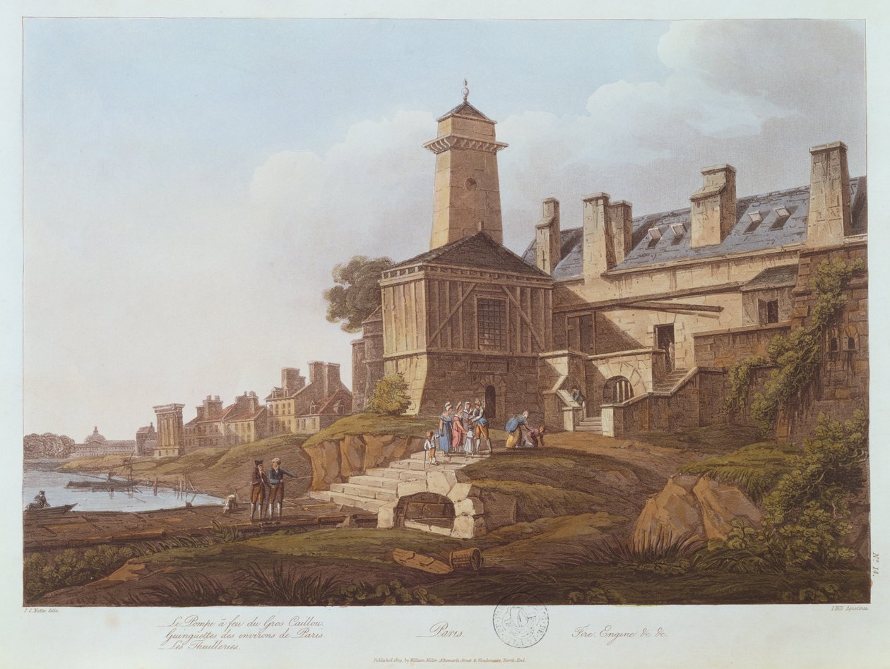 Parní čerpadlo Gros-Caillou, 1810 (barevná akvatinta) od John Claude after Nattes