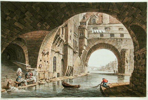 Mycí místo hotelu-Dieu a Pont de la Tournelle, vyryto I. Hillem, 1810 (akvatinta) od John Claude after Nattes