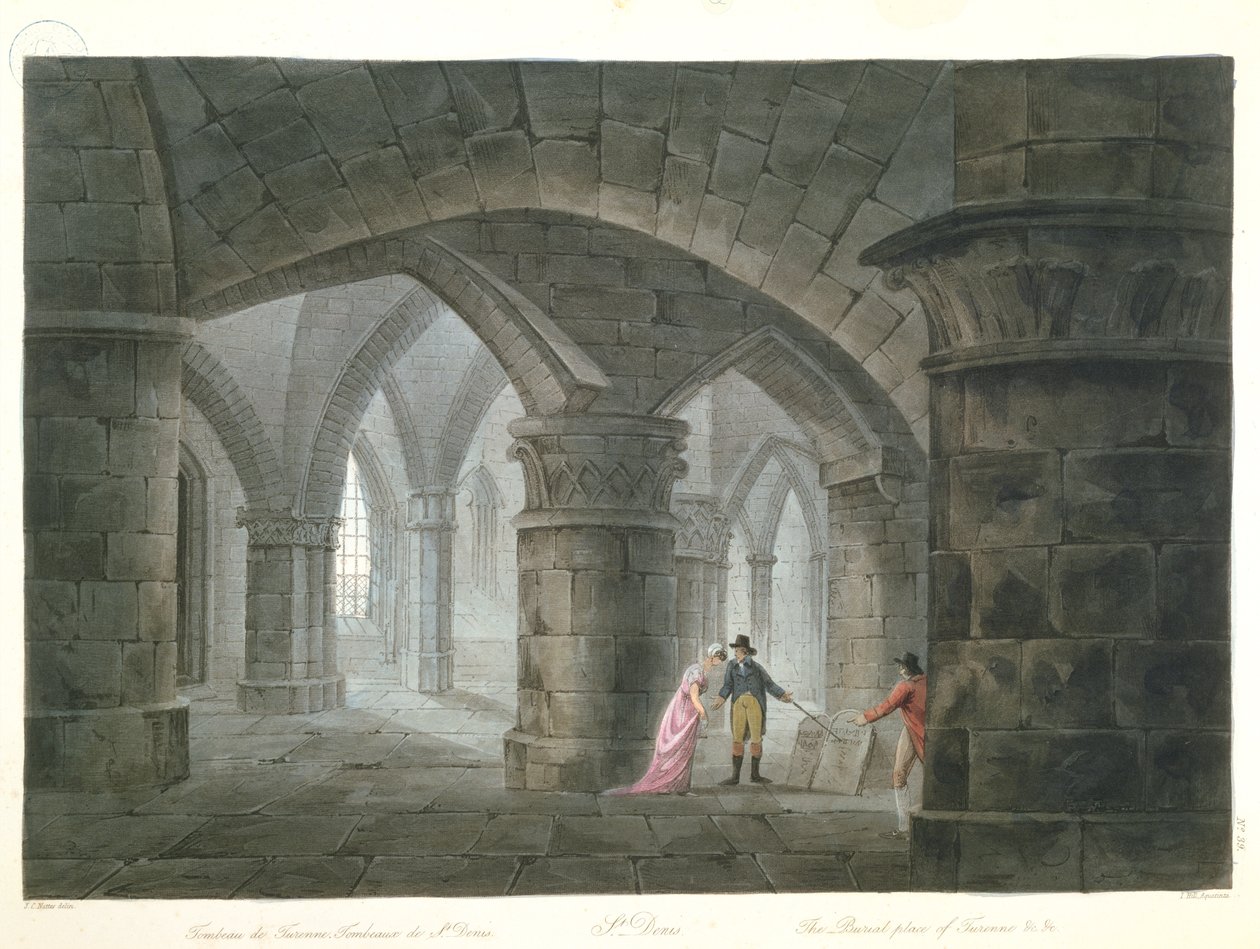 Turisté navštěvující hrob Henri de La Tour dAuvergne (1611-75) Vicomte de Turenne v kryptě kostela Saint-Denis, 1809 (barevná rytina) od John Claude after Nattes