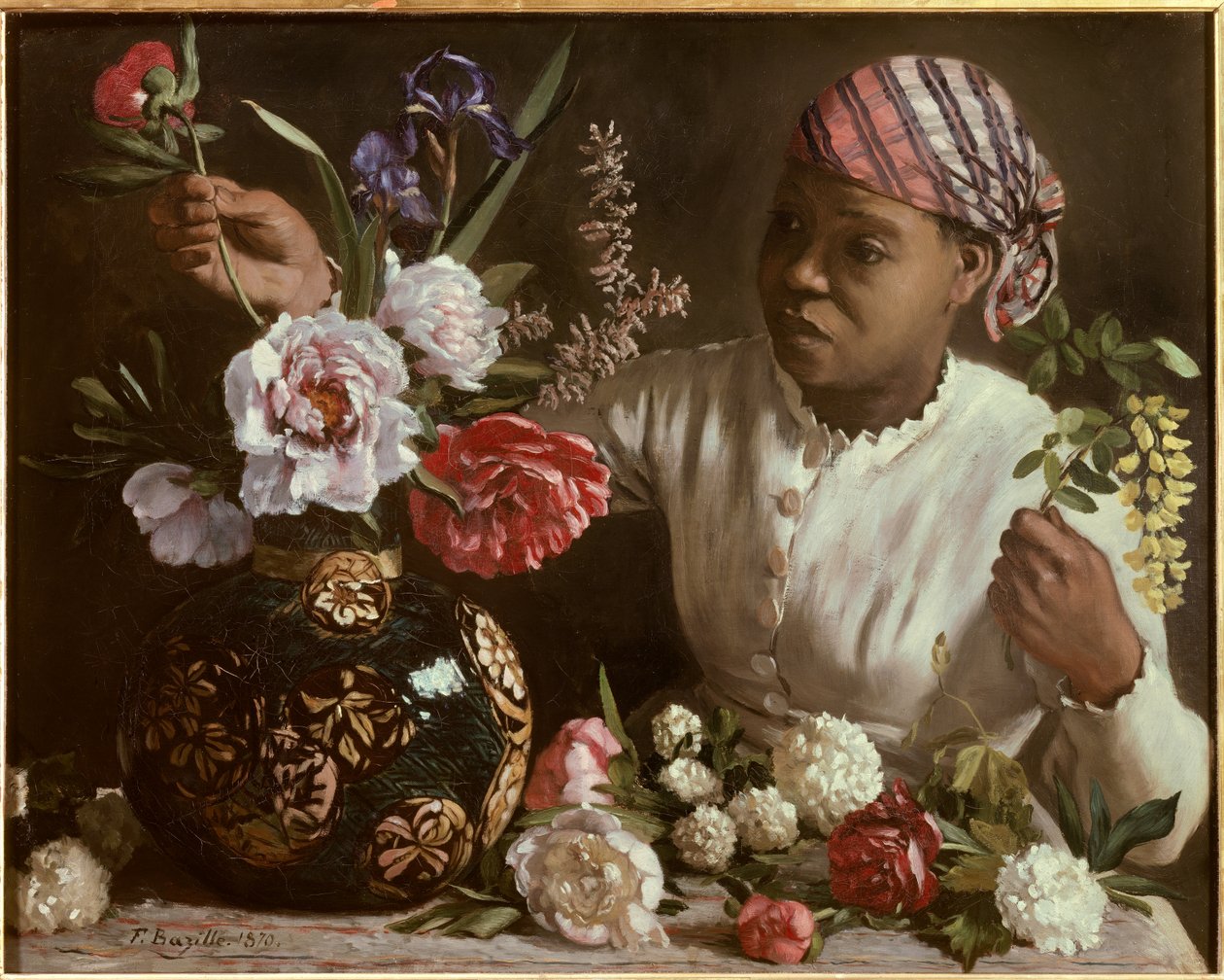 La negresse aux peonines Obraz Frederika Bazilleho (1841-1870) 1870 Rozm. 0,6x0,75 m Montpellier, musee Fabre - Černoška s pivoňkami. Obraz Frederica Bazille (1841-1870) od John Clayton Adams