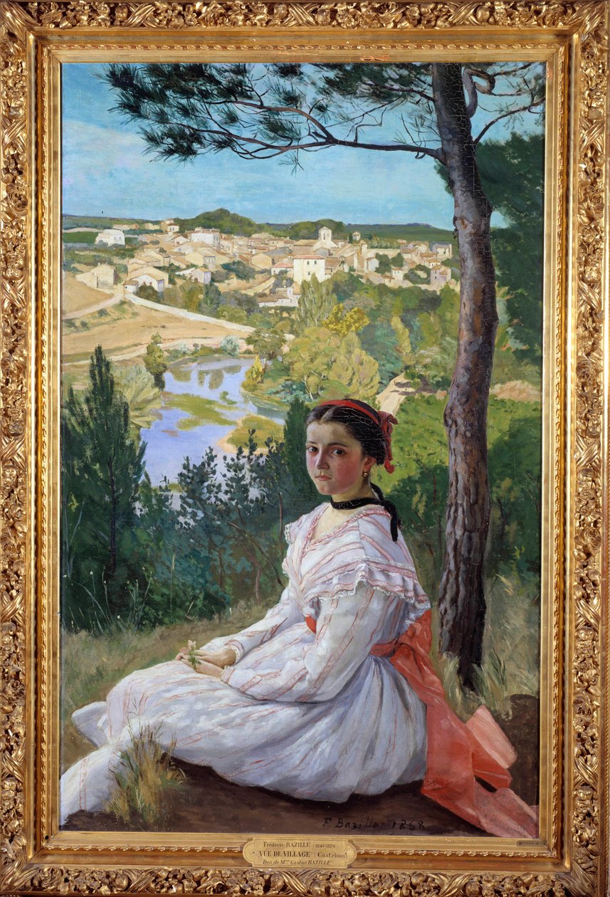 Pohled na vesnici Mladá dívka pózuje v krajině Provence. Obraz Frederica Bazille (1841-1870) 1868 Ne. 1,3x0,89 m Montpellier, Musee Fabre od John Clayton Adams