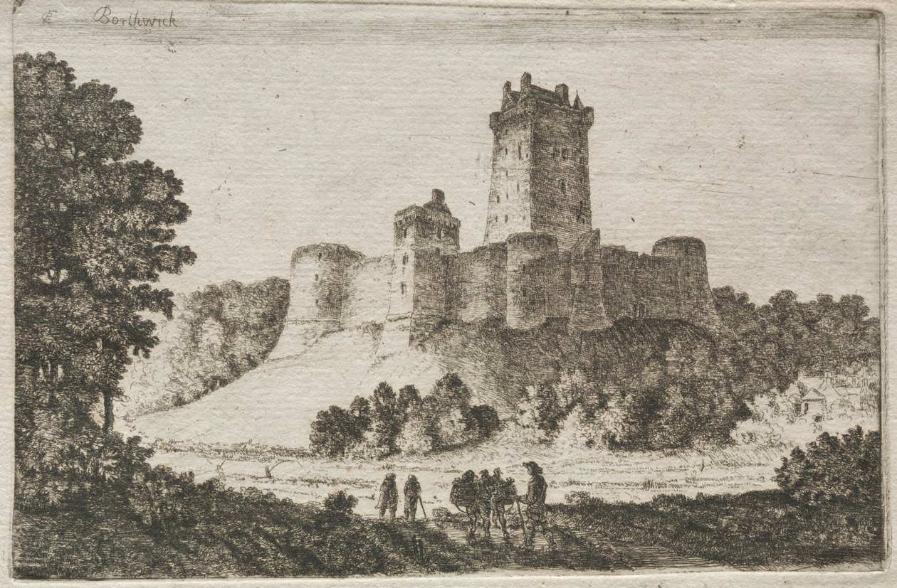 Hrad Borthwick z východu. od John Clerk of Eldin