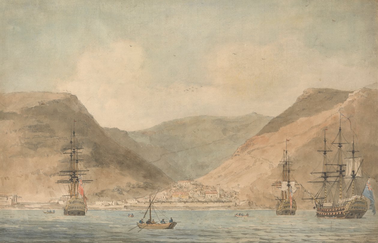 Pohled na Jamestown, St. Helena, od moře s dopravou od John Cleveley the Younger