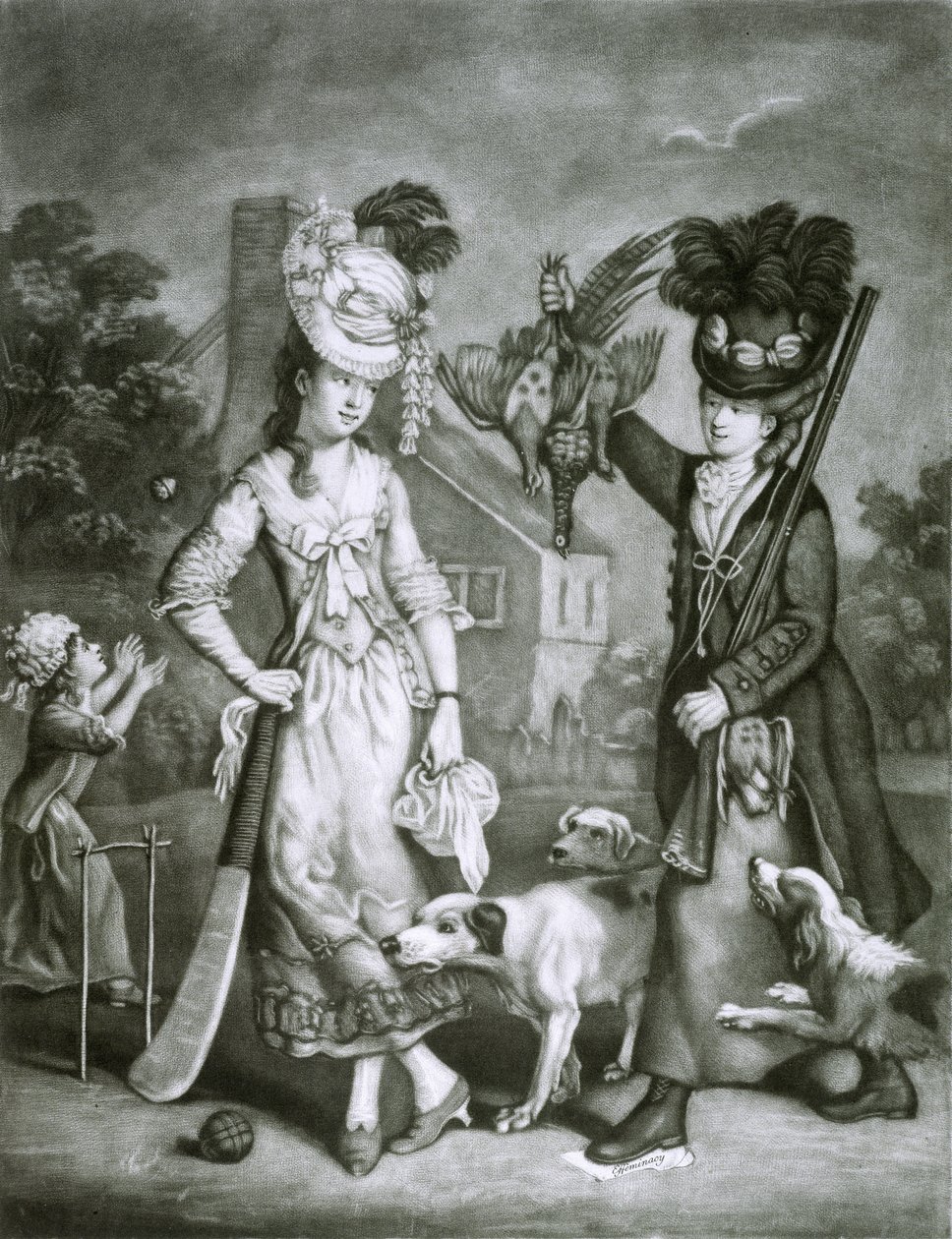 Miss Wicket a Miss Trigger, 1778 (mezzotinta) od John Collet