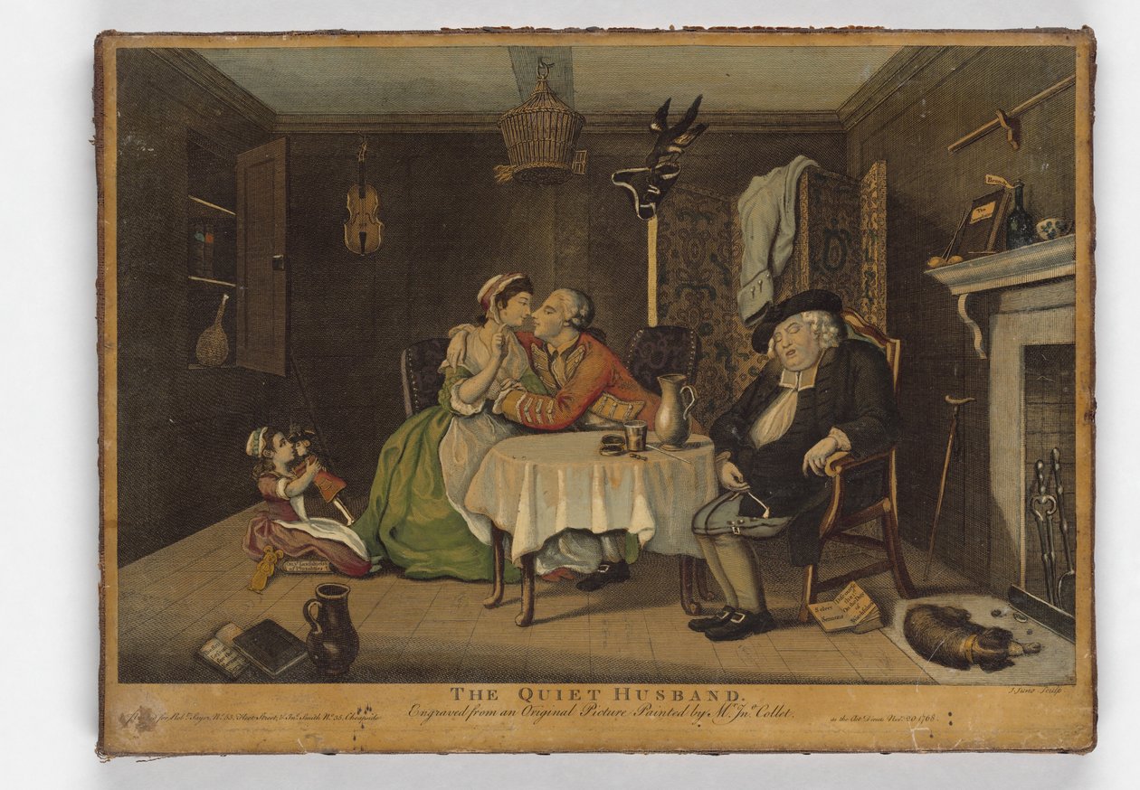 Tichý manžel, tisk John June, kolem roku 1768 (ručně kolorovaná rytina) od John Collet