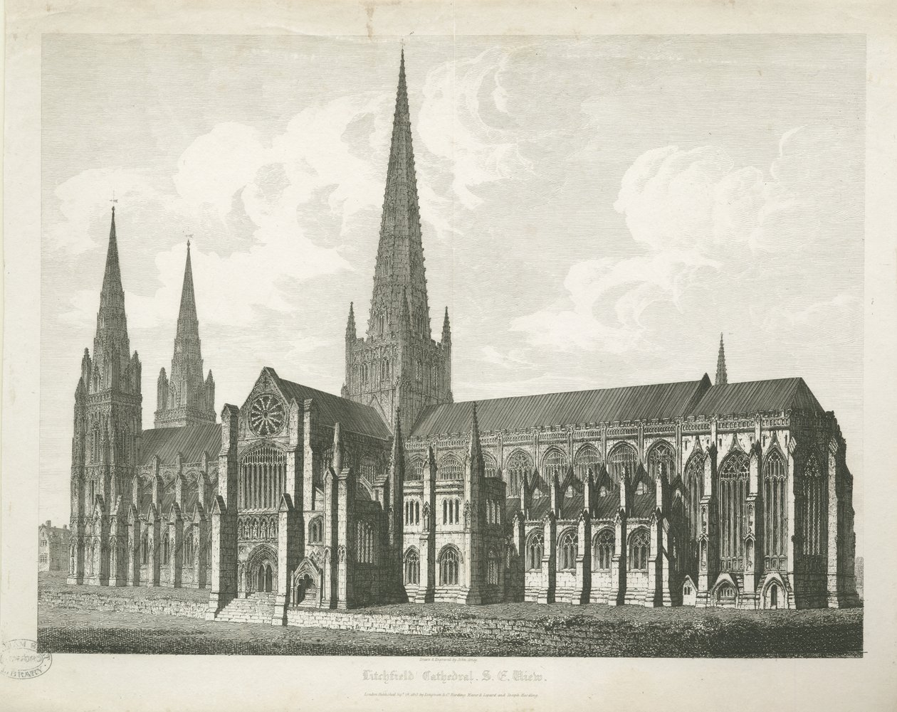 Katedrála Lichfield - South East View: rytina, nd [c 1823] (tisk) od John Coney