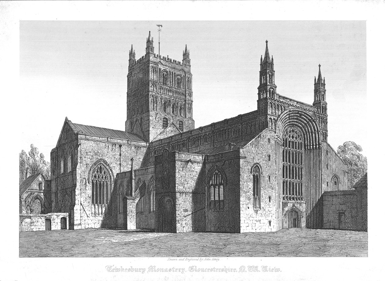 Klášter Tewkesbury, Gloucestershire, N. W. View, počátek 19. století. od John Coney
