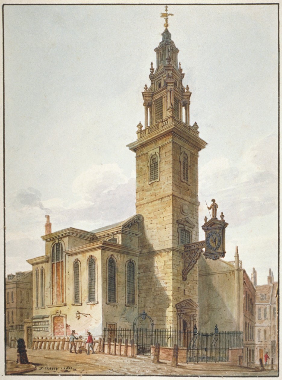 Pohled na kostel St James Garlickhythe, City of London, 1811 od John Coney