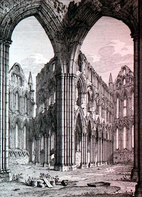 Whitby Abbey, Yorkshire, ilustrace z „Pohledy na anglická opatství a katedrály“ od J. D. Hardinga, kolem roku 1815 (lept) od John Coney