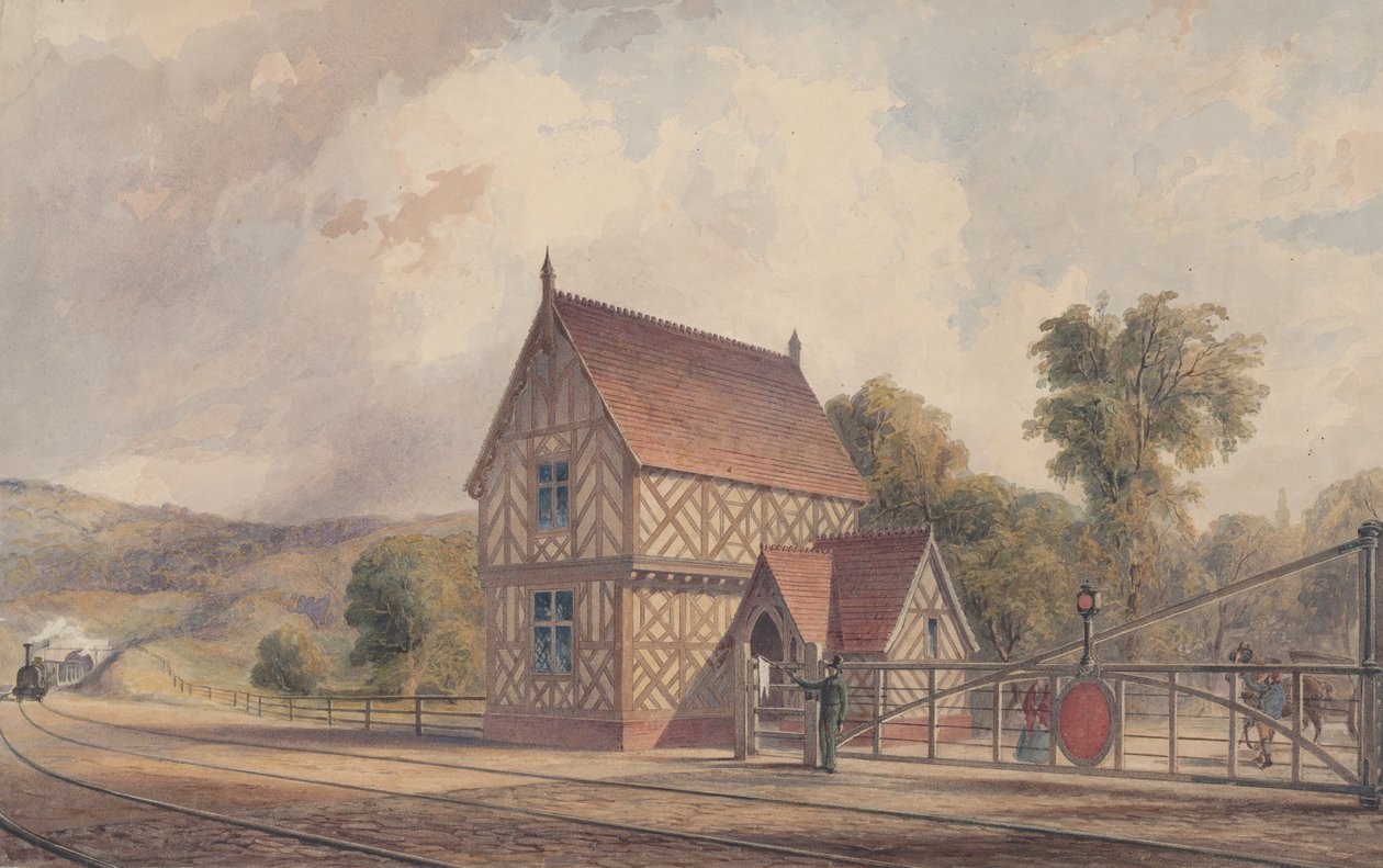 Tudorovské venkovské vlakové nádraží a železniční přejezd, 1844-77. od John Connell Ogle