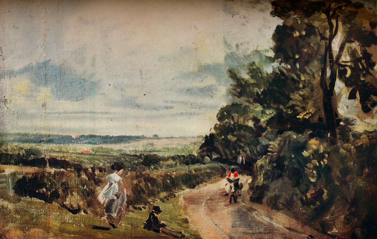 Venkovská cesta se stromy a postavami, Willy Lotts House verso, c1830. od John Constable