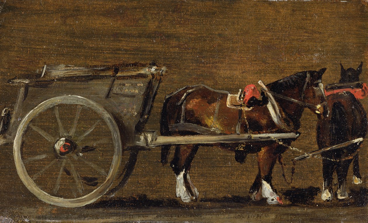 Farmářský vozík se dvěma koňmi v postroji: Studie pro vozík v „Stour Valley and Dedham Village, 1814“ (olej na plátně na palubě) od John Constable