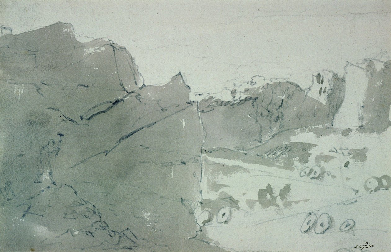 Lom na mlýnské kameny v Derbyshire, 1801 (tužka a sépie mytí na papíře) od John Constable