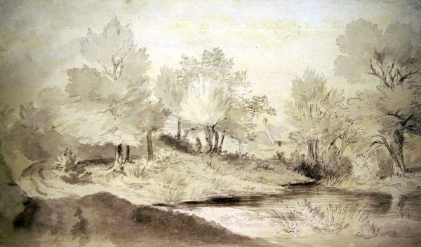 Suffolk Pond, s chatkami v dálce (tužka a mytí na papíře) od John Constable