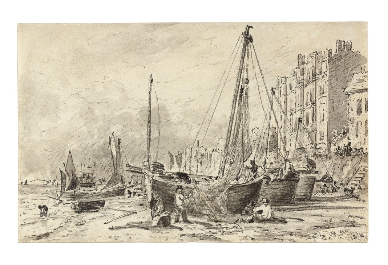 Rybářské lodě na pláži s rybáři opravujícími sítě na pláži v Brightonu, při pohledu na západ, kolem 1824-28 od John Constable