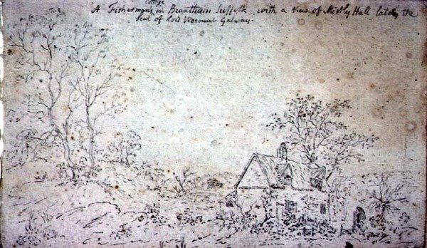 Chata v Brantham, s výhledem na Mistley Hall (nákres) od John Constable