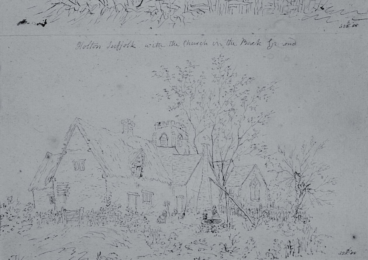 Chata v Holtonu s kostelem v pozadí (pero a inkoust na papíře) od John Constable