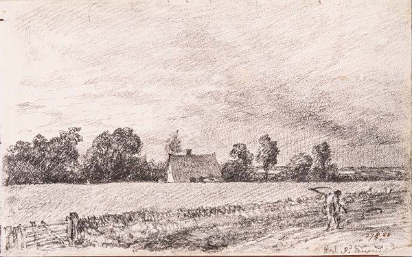 Chaty a silnice, Východní Bergholt, tužka od John Constable