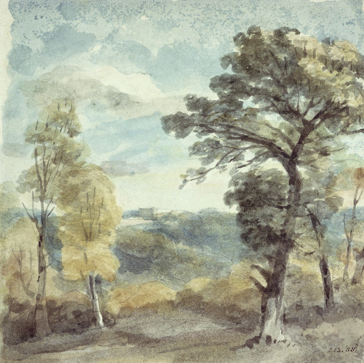 Krajina se stromy a vzdáleným sídlem (akvarel) od John Constable