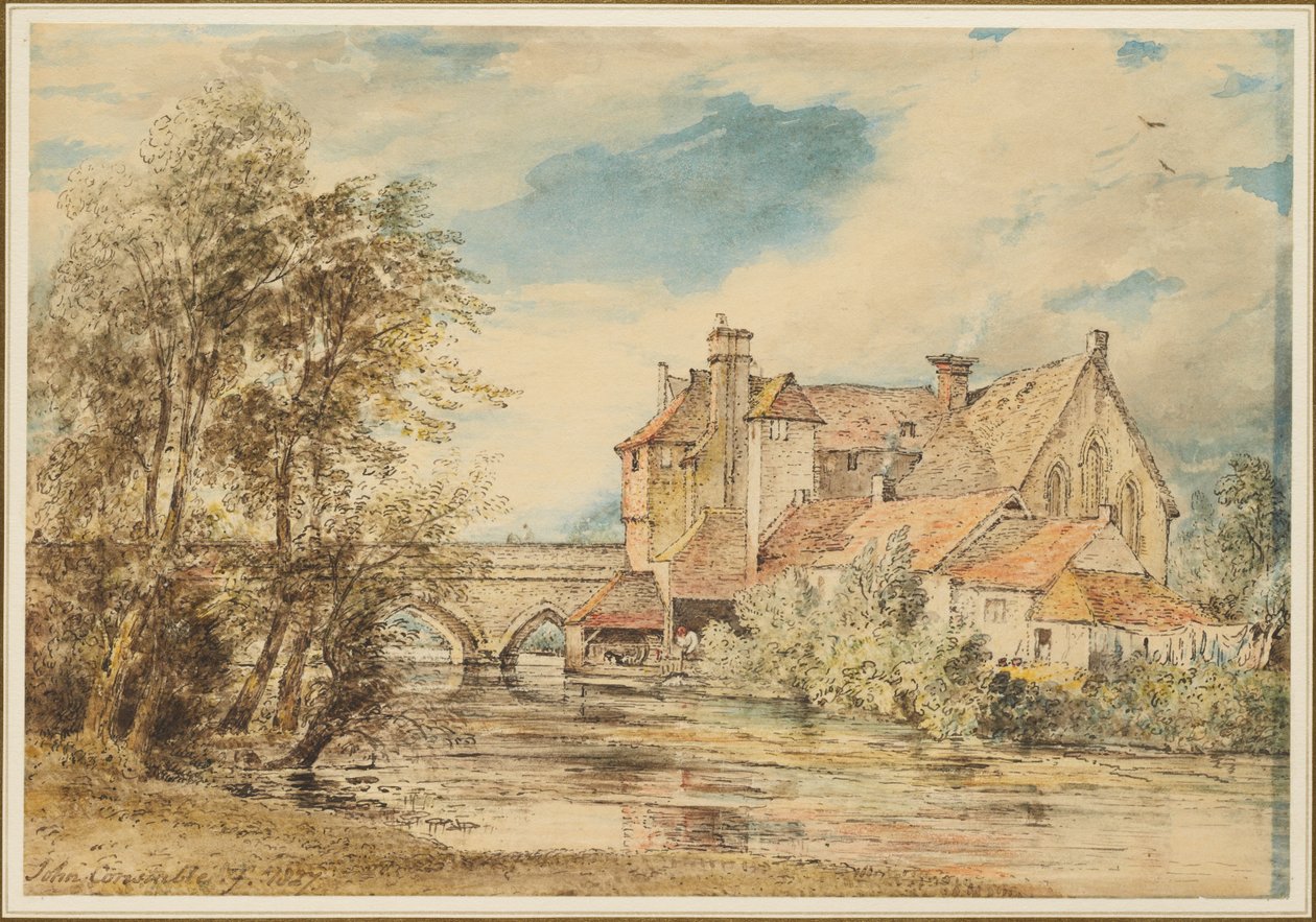 Staré domy na Harnamském mostě v Salisbury se starobylou nemocnicí svatého Mikuláše od John Constable