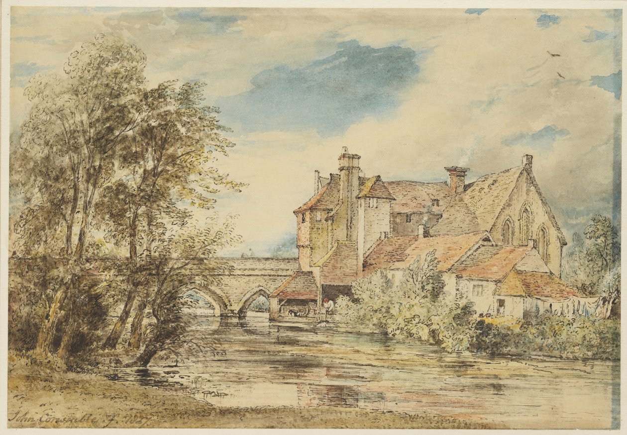 Staré domy na Harnham Bridge, Salisbury s Ancient Hospital of Saint Nicholas, 1827 od John Constable