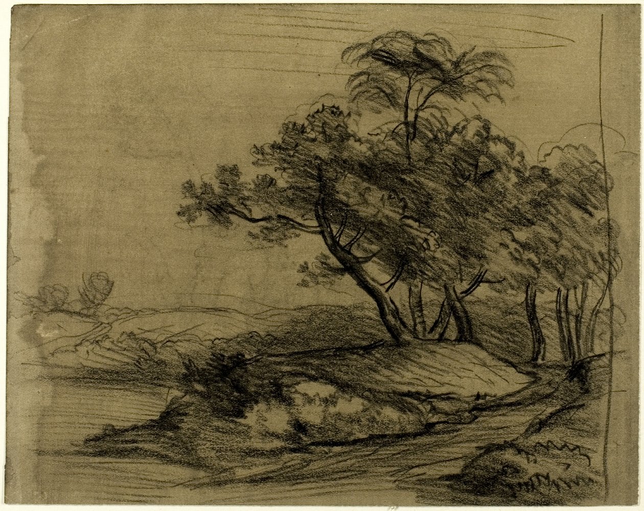 Břeh řeky se stromy (recto); stádo dobytka pod stromy, s vloženým náčrtem krajiny (verso) od John Constable