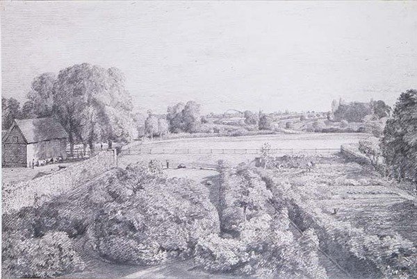 Pohled na východní Bergholt přes kuchyňskou zahradu Goldinga, dům konstábla od John Constable