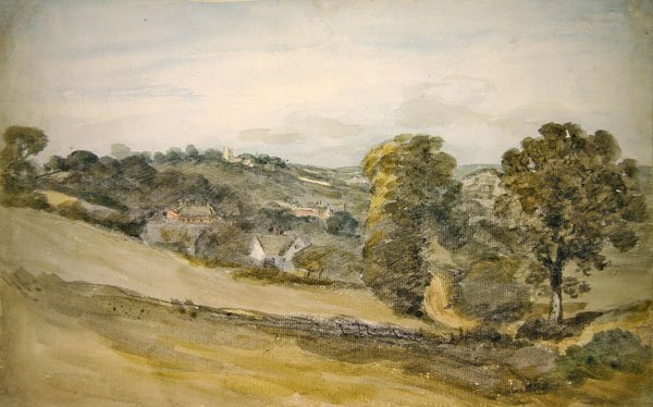 Pohled na Langham Church z blízkosti Stratford Road, Dedham (tužka a akvarel na papíře) od John Constable