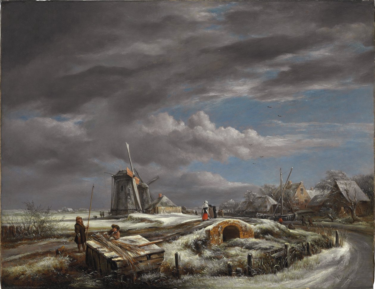 Zimní krajina s postavami na cestě, lávkou a větrnými mlýny za ní od John Constable