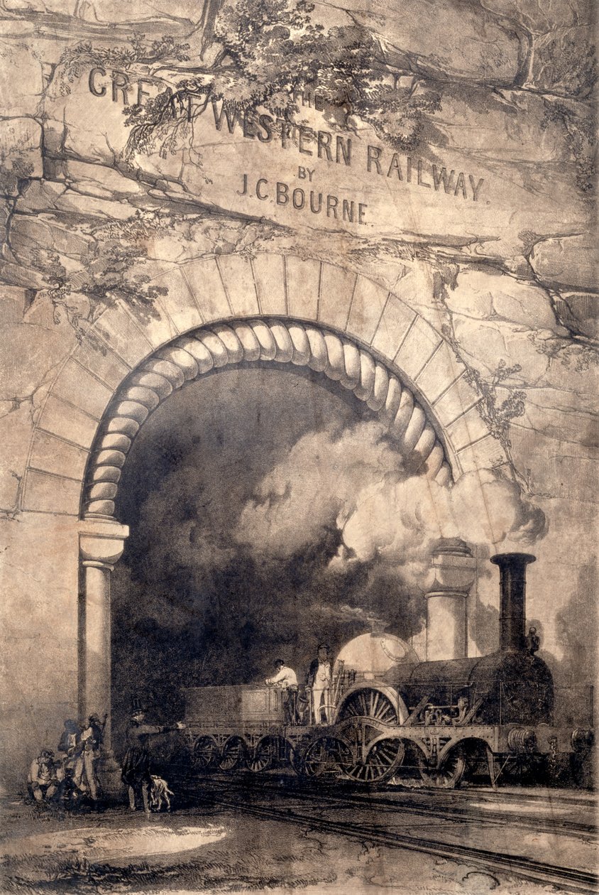 Lokomotiva Acheron 2-2-2 vycházející z tunelu poblíž Bristolu, průčelí k The History and Description of the Great Western Railway, 1846 od John Cooke Bourne