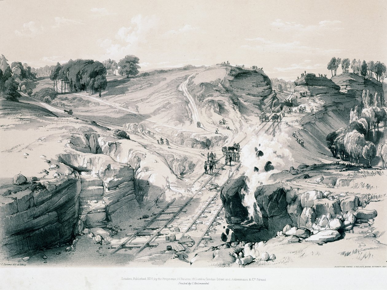 Odstřelování kamenů, Linsdale, Buckinghamshire, 30. léta 19. století (pero a inkoust a mytí na papíře) od John Cooke Bourne