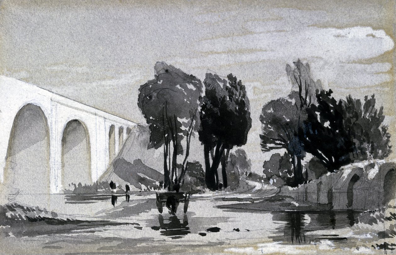 Blythe Viaduct, Hampton-in-Arden, cca 1838 (pero a inkoust a mytí na papíře) od John Cooke Bourne