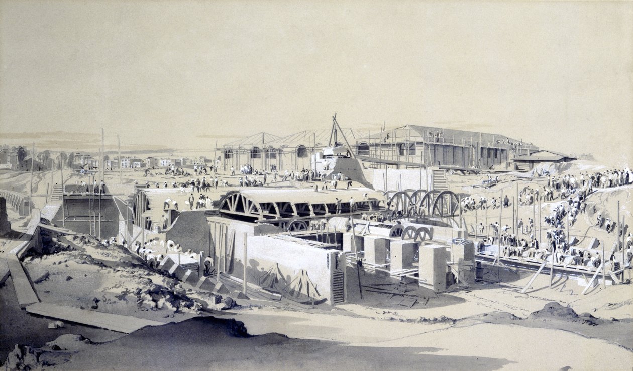 Building the Stationary Engine House, Camden Town, 26. dubna 1837 (pero, inkoust a mytí na papíře) od John Cooke Bourne