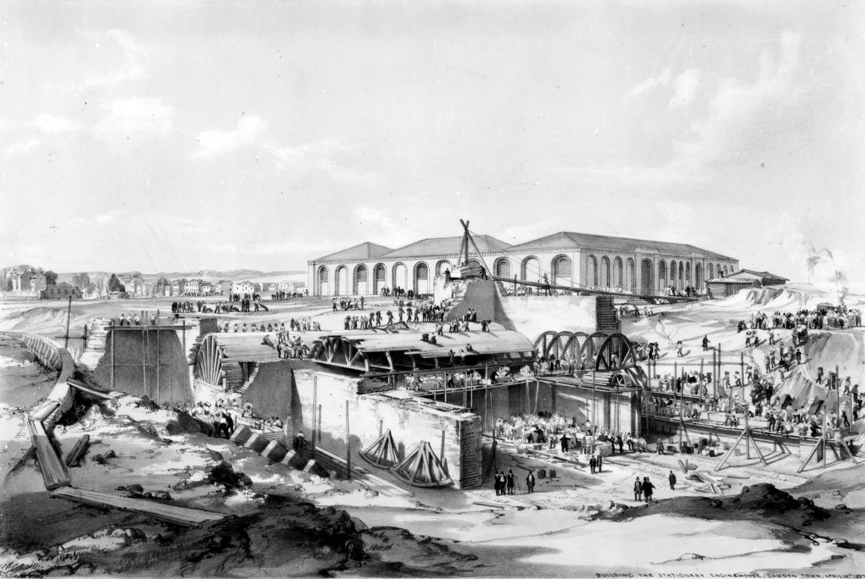 Building the Stationary Engine House, Camden Town, 26. dubna 1837 (pero a inkoust a mytí na papíře) od John Cooke Bourne