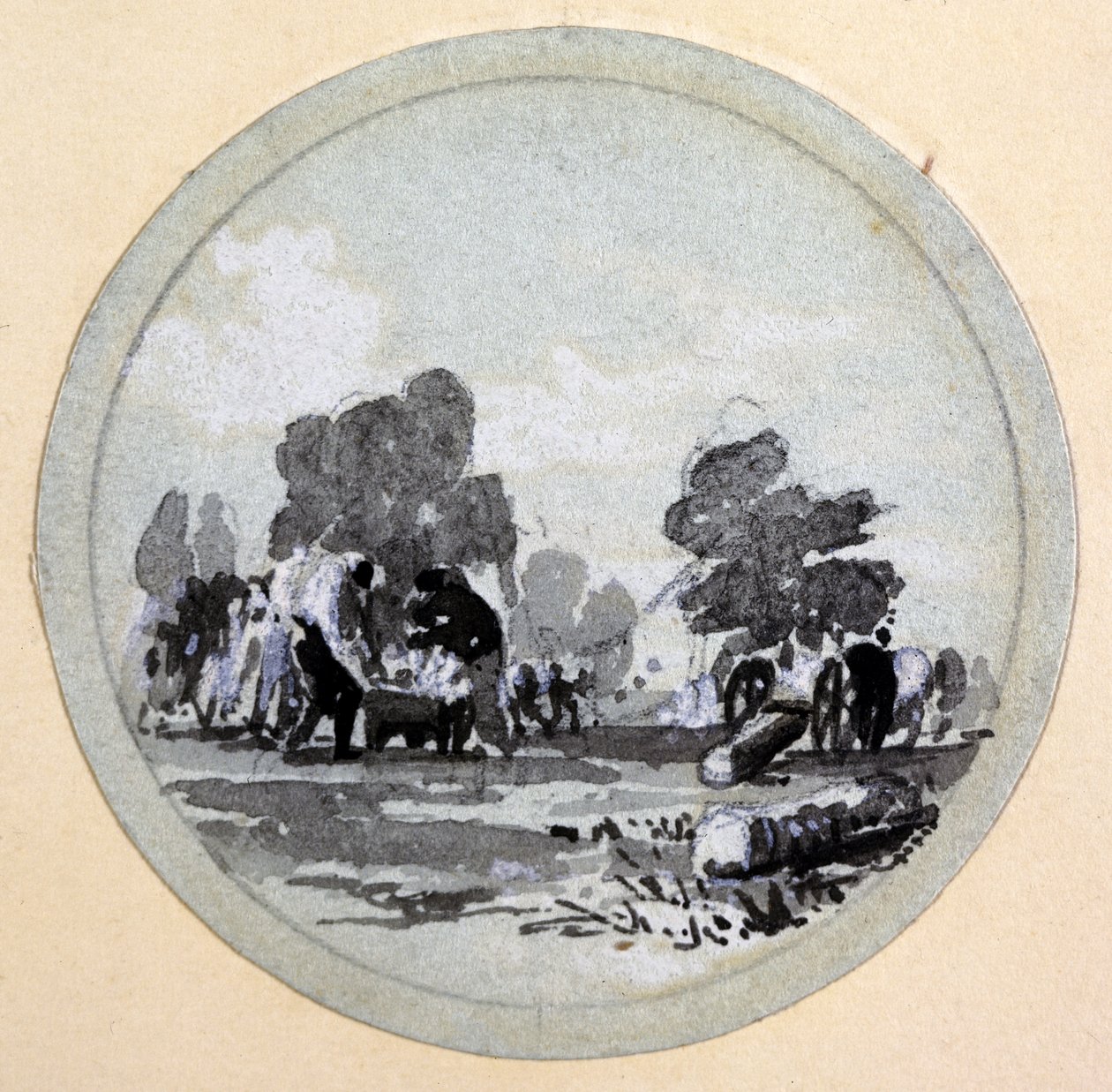 Cleaning, London & Birmingham Railway, c.1838 (pero, inkoust a mytí na papíře) od John Cooke Bourne