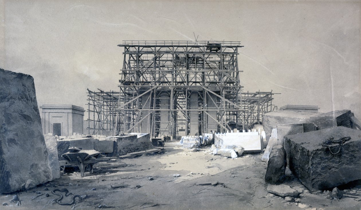 Stavba Euston Arch, leden 1838 (pero a inkoust a mytí na papíře) od John Cooke Bourne