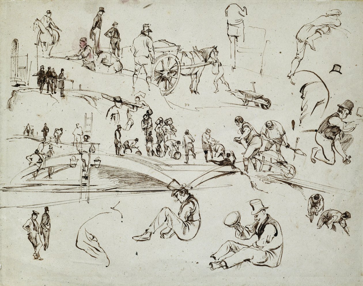Stavba londýnské a birminghamské železnice, kolem roku 1835 (hnědý inkoust na papíře; složená skica) od John Cooke Bourne
