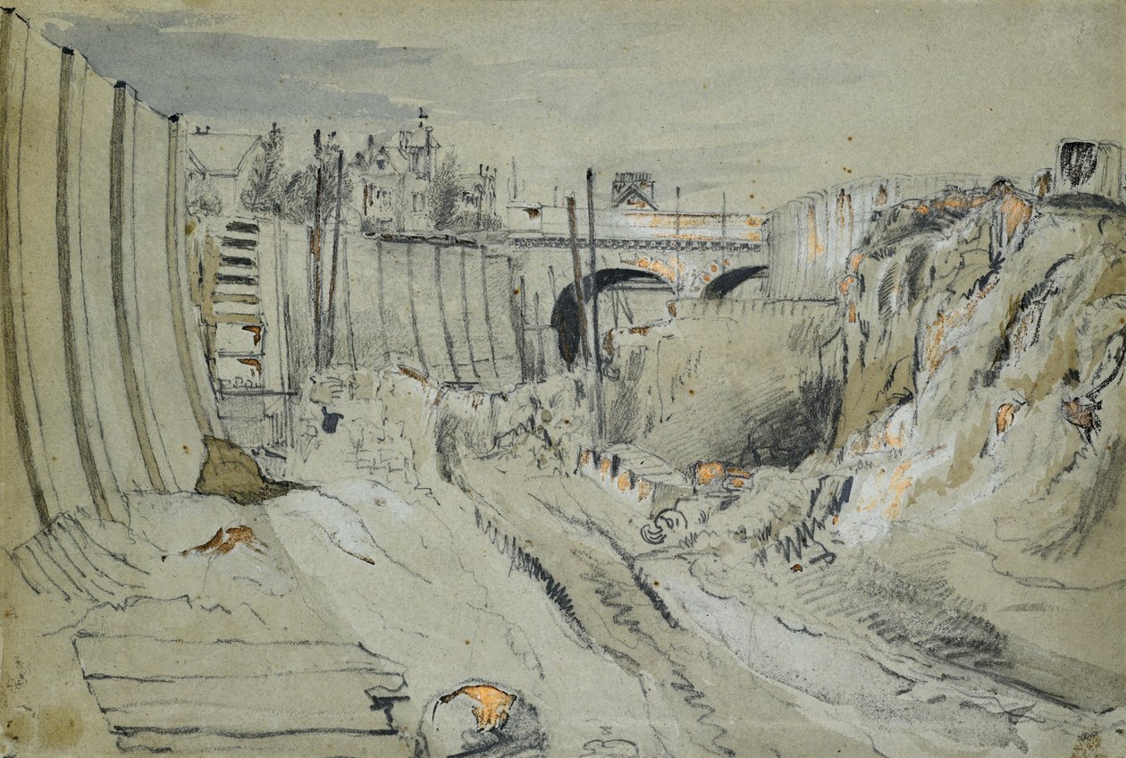 Lontoon ja Birminghamin rautatien rakentaminen, n. 1835 (kynä ja pesu paperille) od John Cooke Bourne
