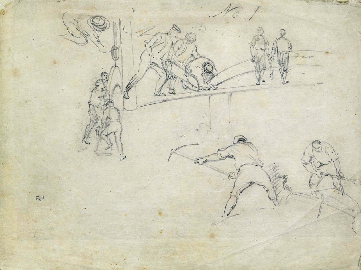 Stavba londýnské a birminghamské železnice, cca 1835 (tužka na papíře; složená skica) od John Cooke Bourne
